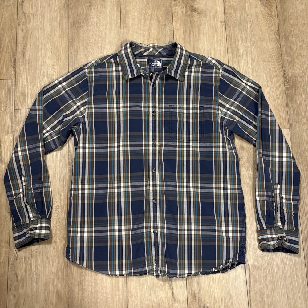 The North Face Plaid Long Sleeve Button Down Shirt Blue Brown Mens Large‎ L